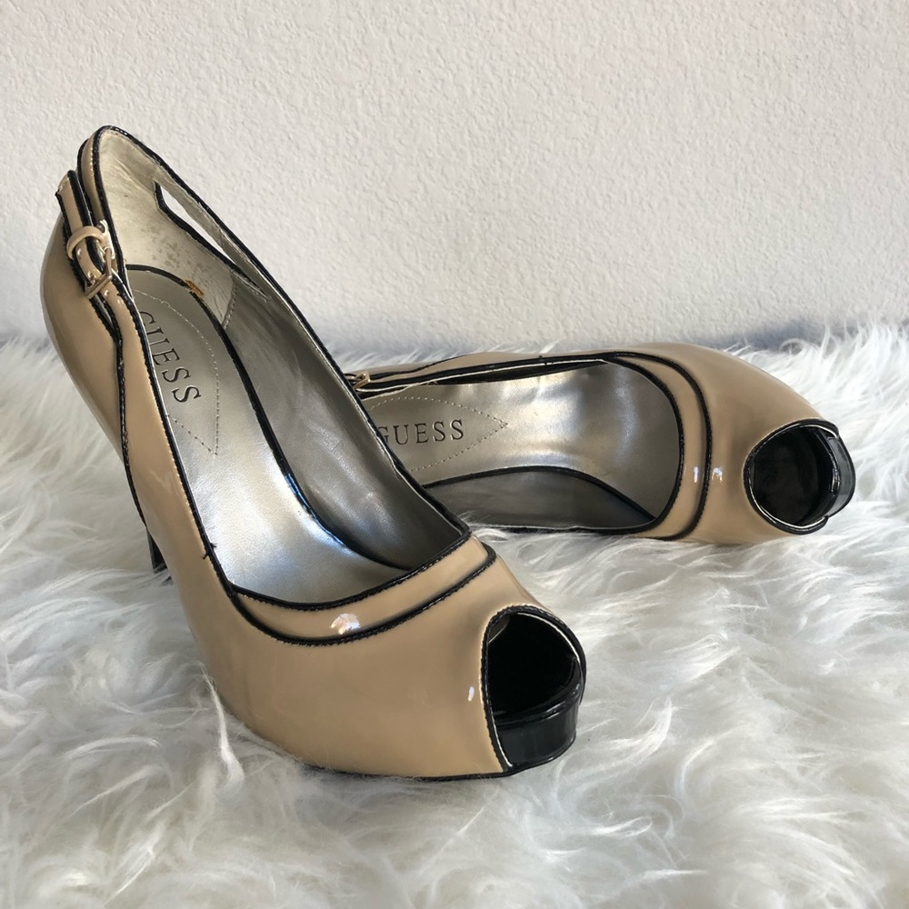 NWOB, Guess, Louisa Peep Toe Pump, Beige & Black